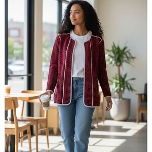 Ming Wang Electric Prink Black White Printed Knit 3/4‎ Sleeve Jacket med.